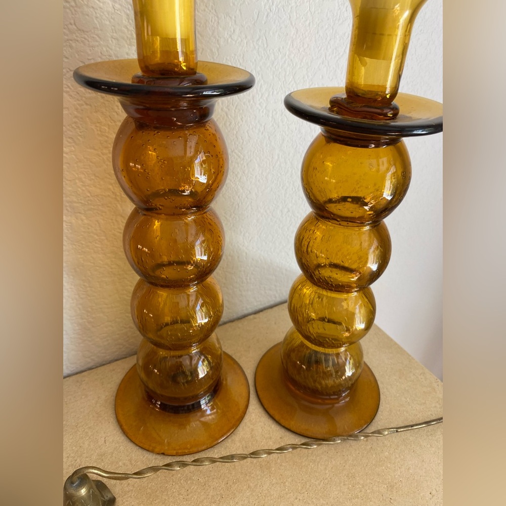 Vintage Midcentury Hand Blown Amber Bubble Glass Candle Holders MCM - Picture 4 of 7